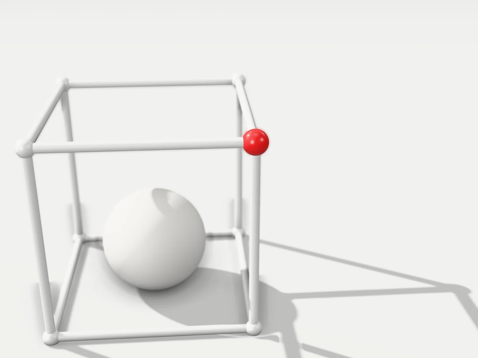 Illustration: a cube drawn in white rods round a ball, one corner red.