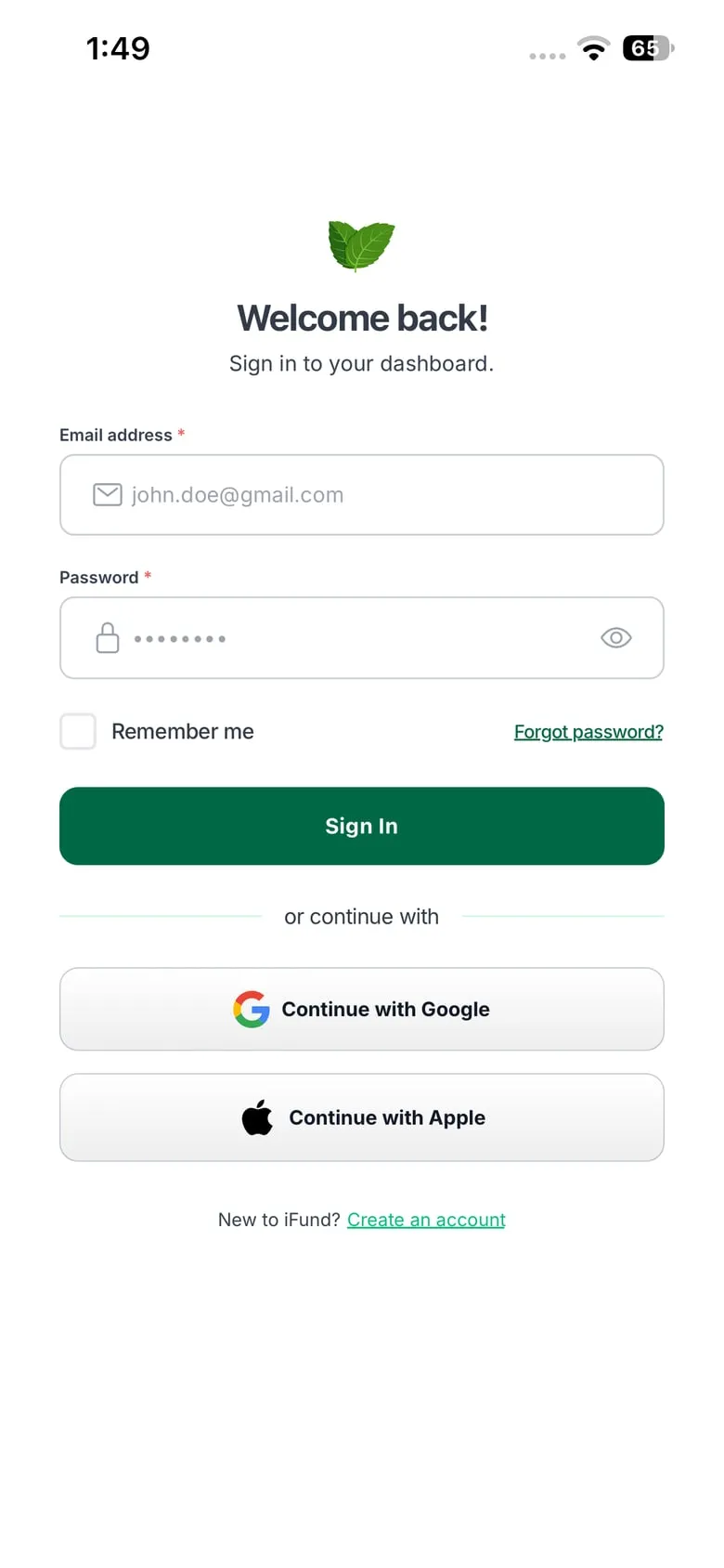 iFund sign-in screen