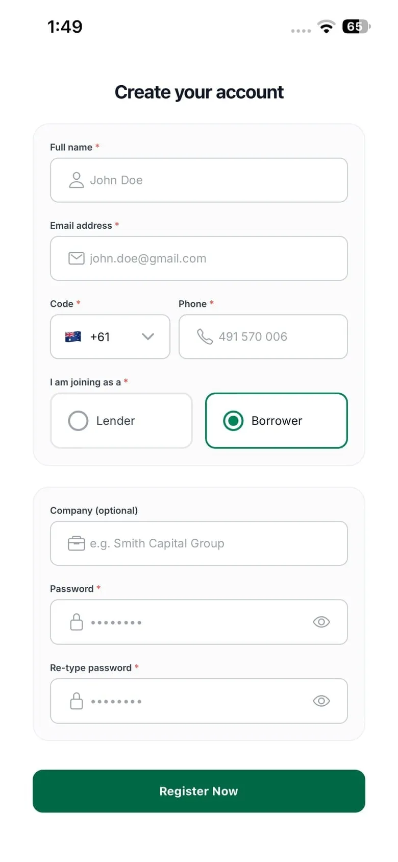 iFund sign-up screen